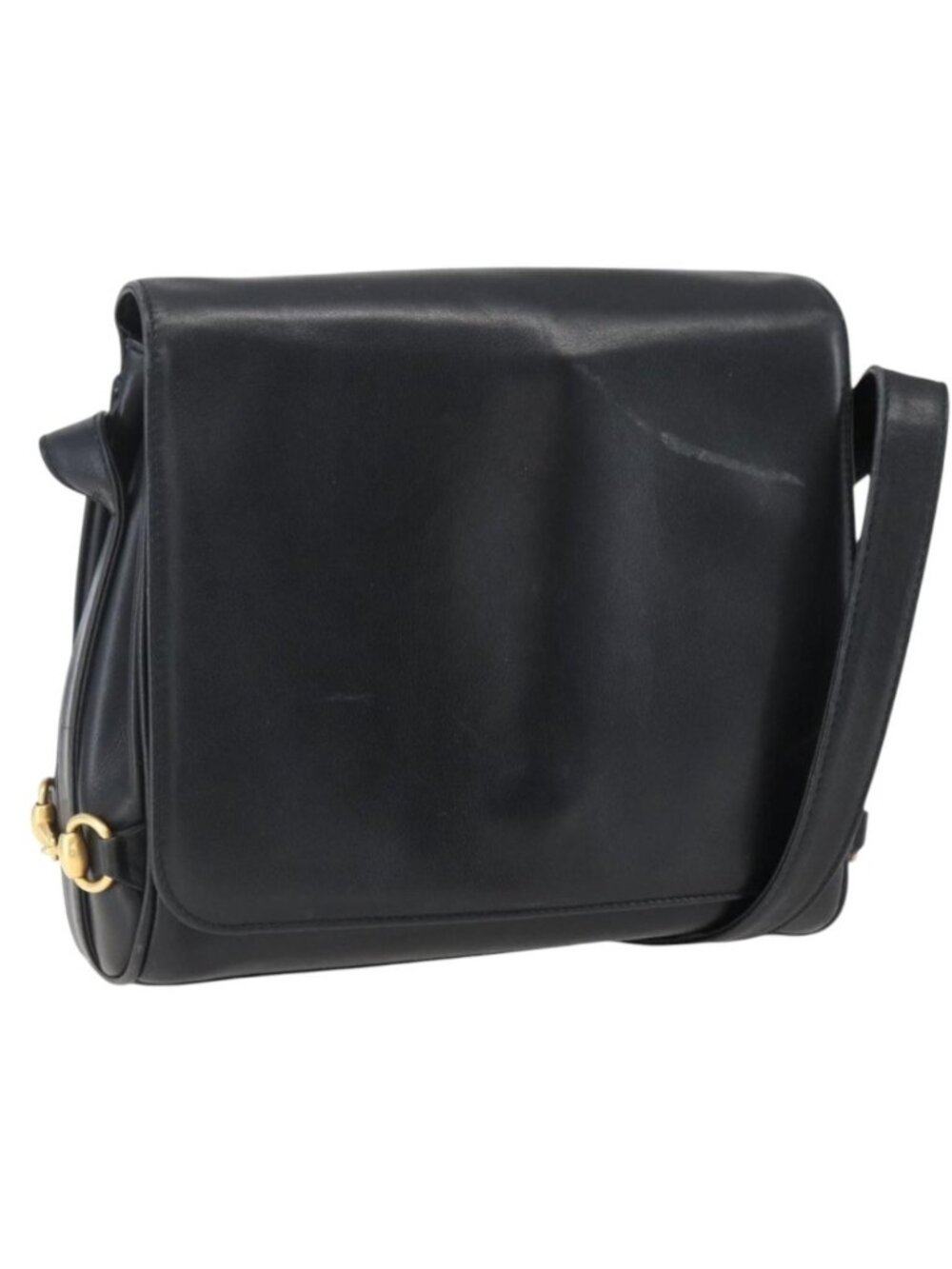 GUCCI Horsebit Shoulder Bag Leather Black Gold
